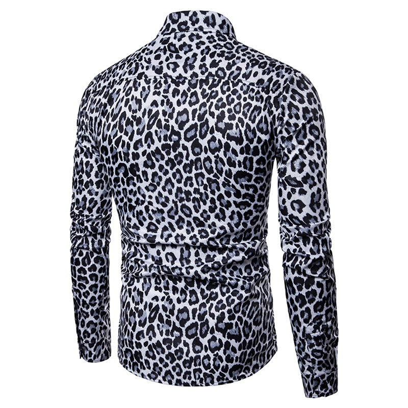 Black # Men's regular fit leopard print shirt with point collar and button-down closure, long sleeve casual top in soft breathable polyester cotton blend for daily wear, party and outdoor activities, isolated on white background.