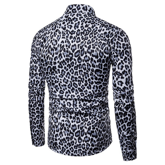 Black # Men's regular fit leopard print shirt with point collar and button-down closure, long sleeve casual top in soft breathable polyester cotton blend for daily wear, party and outdoor activities, isolated on white background.