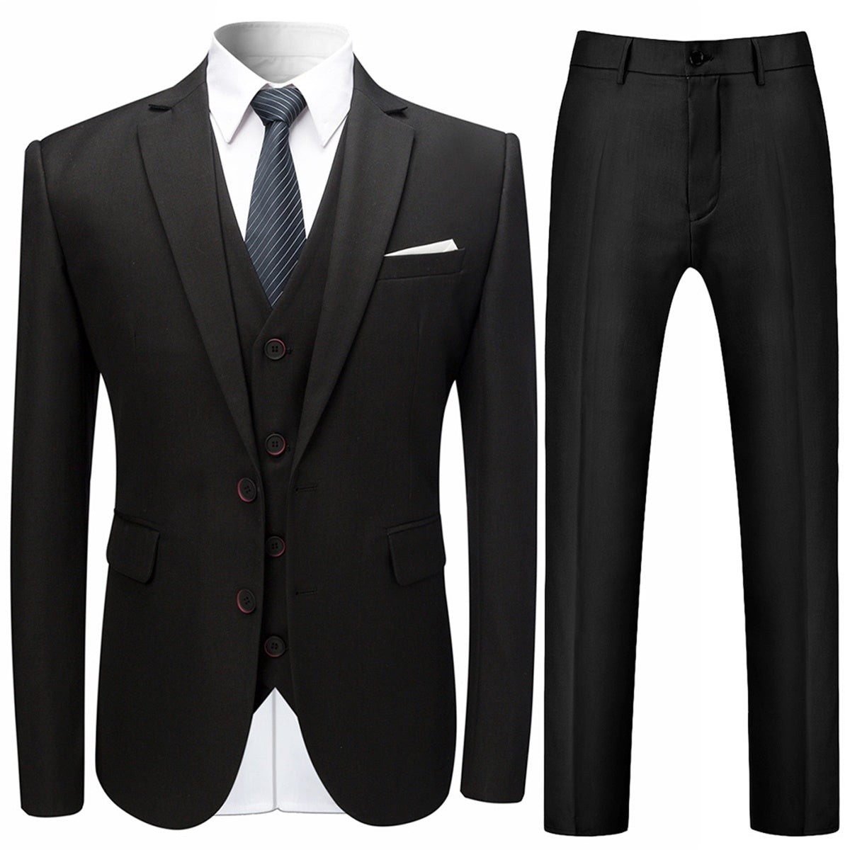 Black # Men's slim fit 3-piece suit with two-button peaked lapel and button closure, black formal blazer jacket with matching vest and flat-front trousers with extended waist strap, classic polyester suit for business, wedding, prom and formal occasions, isolated on white background.
