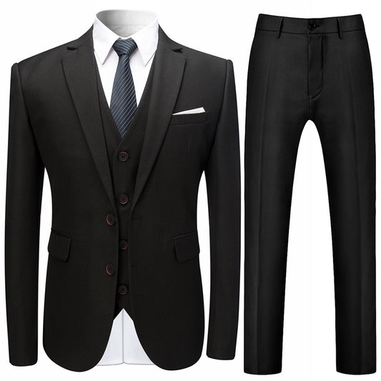 Black # Men's slim fit 3-piece suit with two-button peaked lapel and button closure, black formal blazer jacket with matching vest and flat-front trousers with extended waist strap, classic polyester suit for business, wedding, prom and formal occasions, isolated on white background.