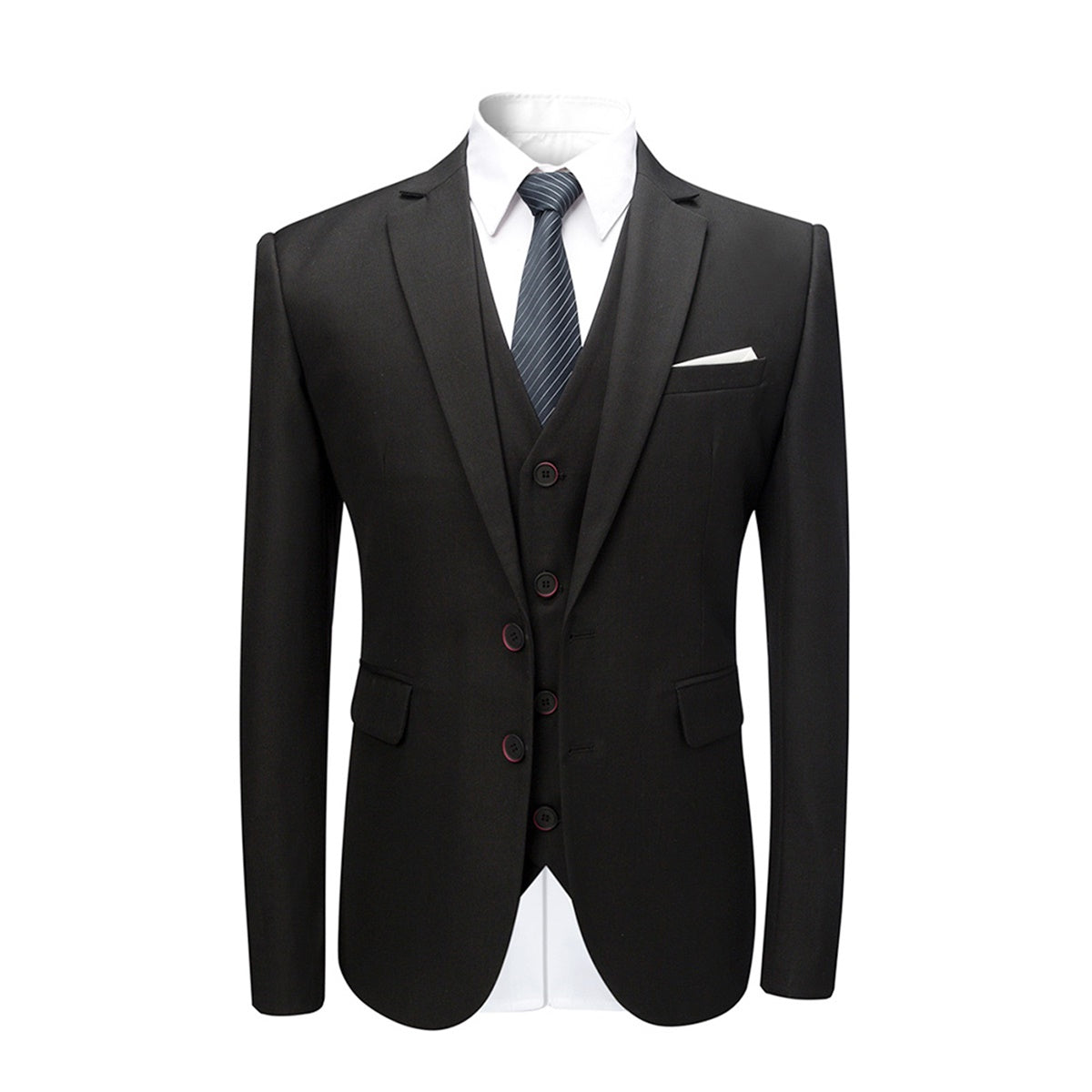 Black # Men's slim fit 3-piece suit with two-button peaked lapel and button closure, black formal blazer jacket with matching vest and flat-front trousers with extended waist strap, classic polyester suit for business, wedding, prom and formal occasions, isolated on white background.