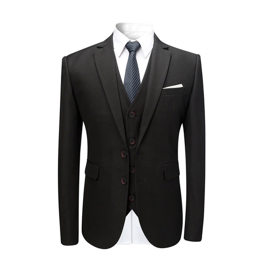 Black # Men's slim fit 3-piece suit with two-button peaked lapel and button closure, black formal blazer jacket with matching vest and flat-front trousers with extended waist strap, classic polyester suit for business, wedding, prom and formal occasions, isolated on white background.
