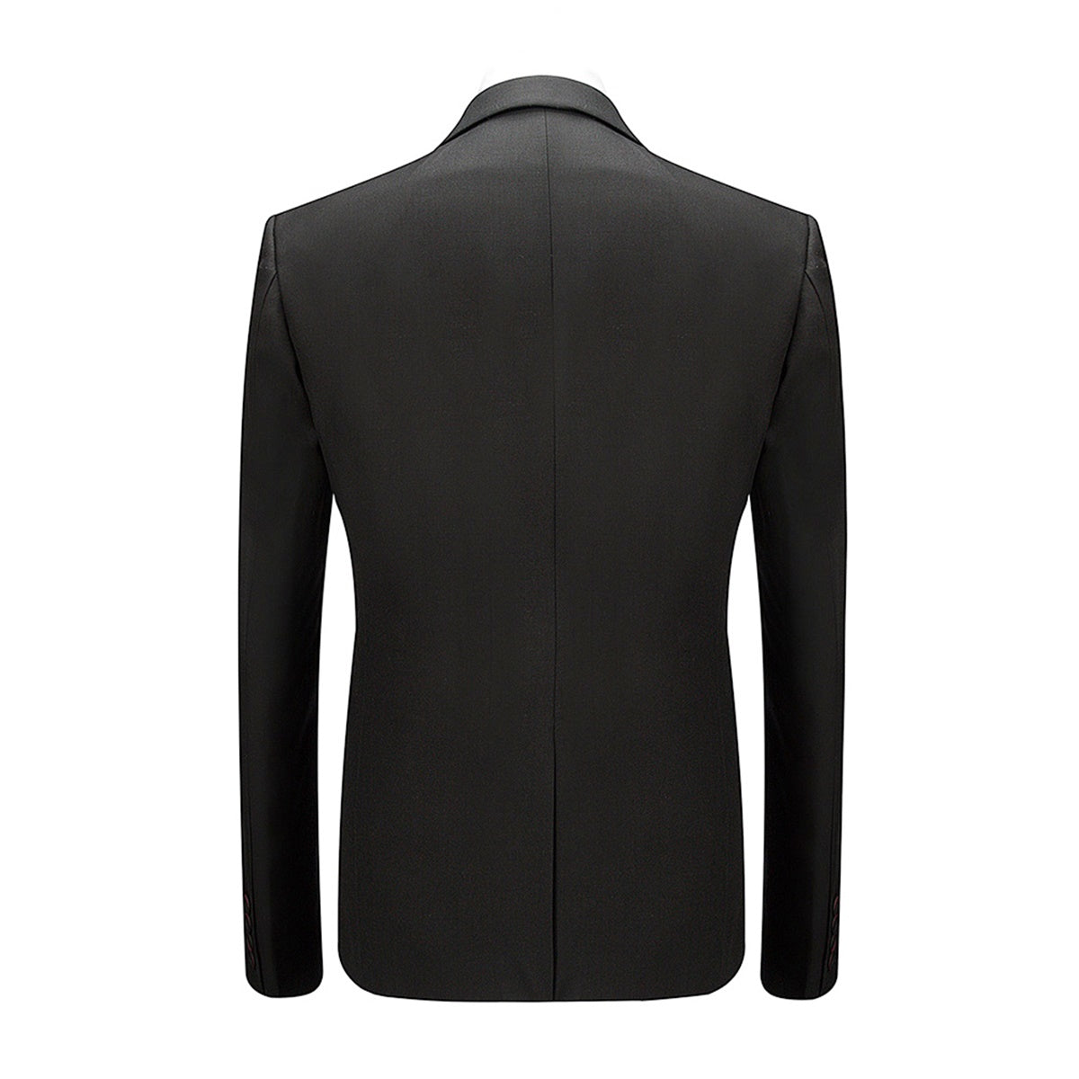 Black # Men's slim fit 3-piece suit with two-button peaked lapel and button closure, black formal blazer jacket with matching vest and flat-front trousers with extended waist strap, classic polyester suit for business, wedding, prom and formal occasions, isolated on white background.
