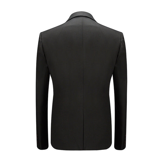 Black # Men's slim fit 3-piece suit with two-button peaked lapel and button closure, black formal blazer jacket with matching vest and flat-front trousers with extended waist strap, classic polyester suit for business, wedding, prom and formal occasions, isolated on white background.