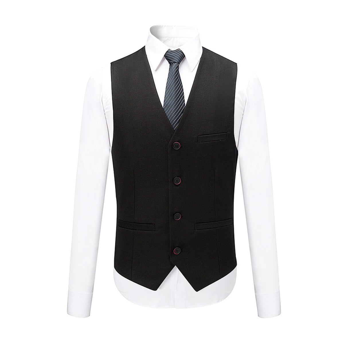 Black # Men's slim fit 3-piece suit with two-button peaked lapel and button closure, black formal blazer jacket with matching vest and flat-front trousers with extended waist strap, classic polyester suit for business, wedding, prom and formal occasions, isolated on white background.