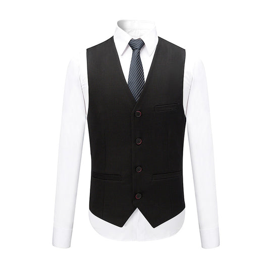 Black # Men's slim fit 3-piece suit with two-button peaked lapel and button closure, black formal blazer jacket with matching vest and flat-front trousers with extended waist strap, classic polyester suit for business, wedding, prom and formal occasions, isolated on white background.