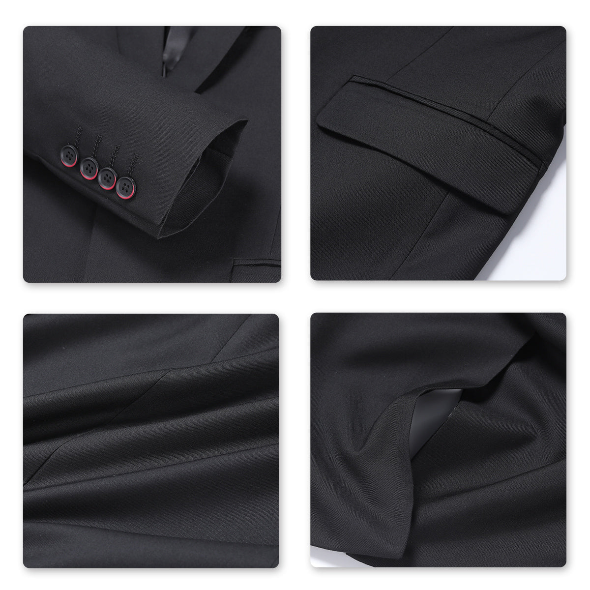Black # Men's slim fit 3-piece suit with two-button peaked lapel and button closure, black formal blazer jacket with matching vest and flat-front trousers with extended waist strap, classic polyester suit for business, wedding, prom and formal occasions, isolated on white background.