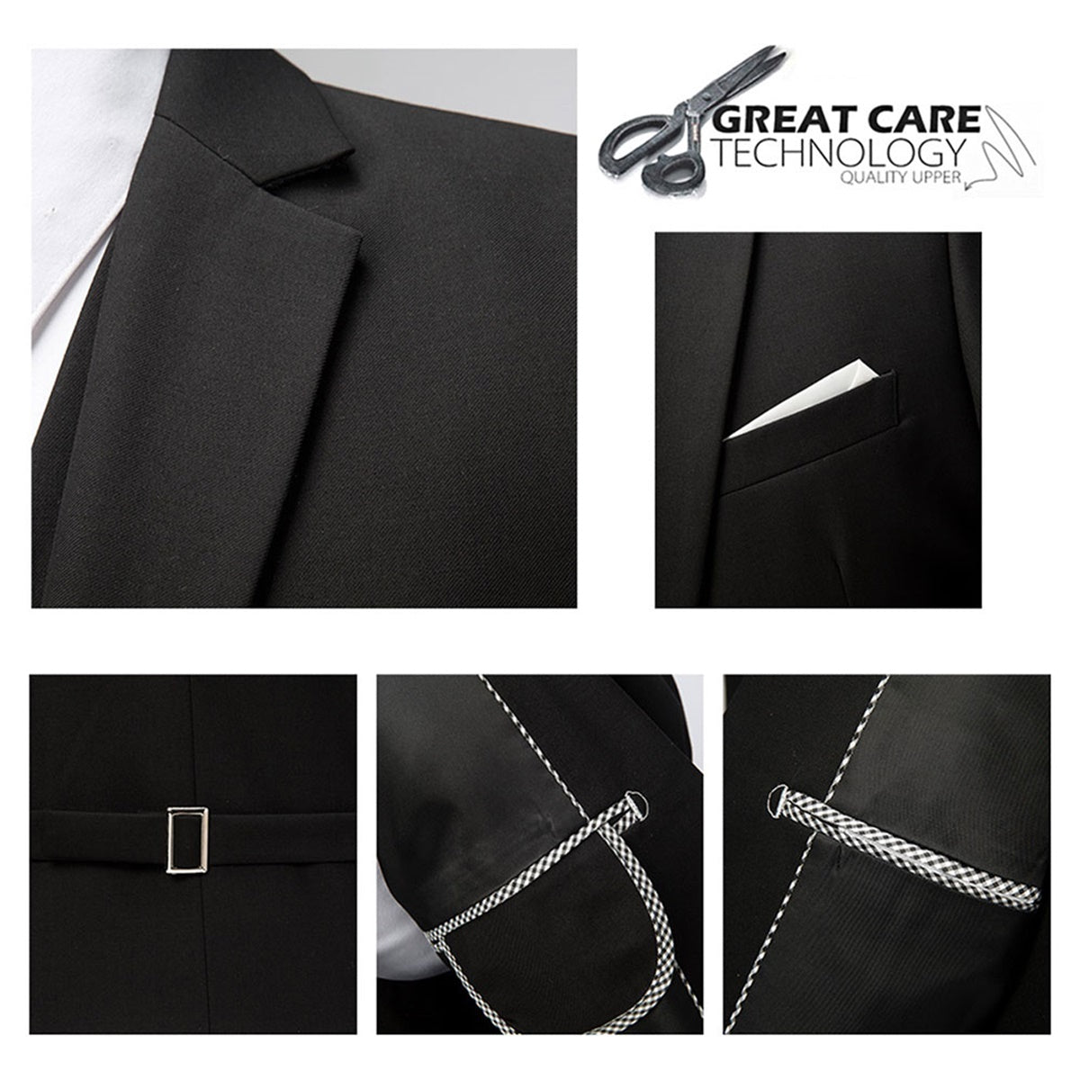 Black # Men's slim fit 3-piece suit with two-button peaked lapel and button closure, black formal blazer jacket with matching vest and flat-front trousers with extended waist strap, classic polyester suit for business, wedding, prom and formal occasions, isolated on white background.
