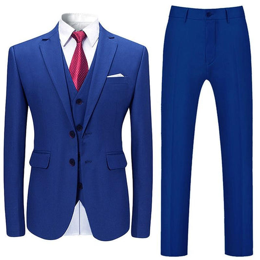 Blue # Men's slim fit 3-piece suit with two-button peaked lapel and button closure, blue formal blazer jacket with matching vest and flat-front trousers with extended waist strap and slanted side pockets, elegant polyester suit for business, wedding, office and daily wear, isolated on white background.