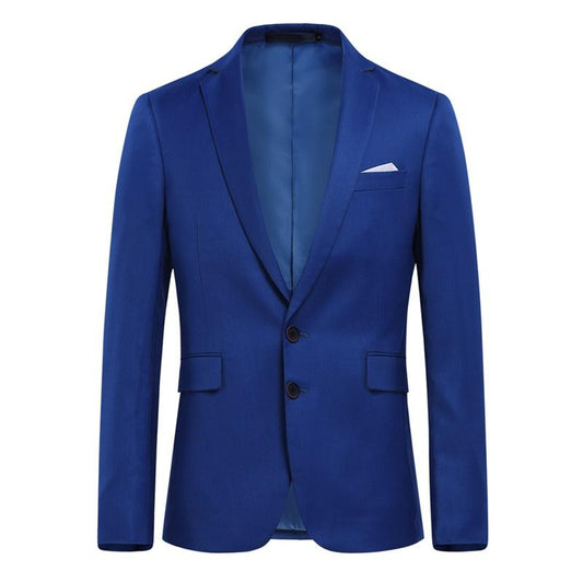 Blue # Men's slim fit 3-piece suit with two-button peaked lapel and button closure, blue formal blazer jacket with matching vest and flat-front trousers with extended waist strap and slanted side pockets, elegant polyester suit for business, wedding, office and daily wear, isolated on white background.