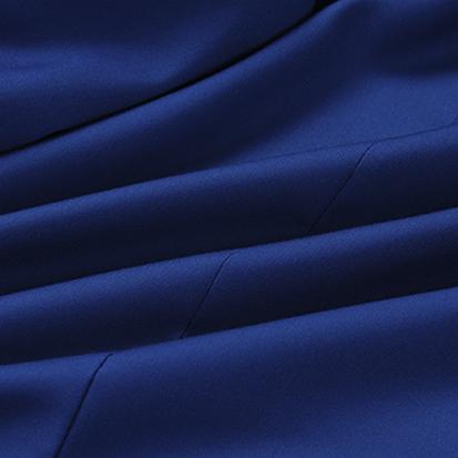 Blue # Men's slim fit 3-piece suit with two-button peaked lapel and button closure, blue formal blazer jacket with matching vest and flat-front trousers with extended waist strap and slanted side pockets, elegant polyester suit for business, wedding, office and daily wear, isolated on white background.