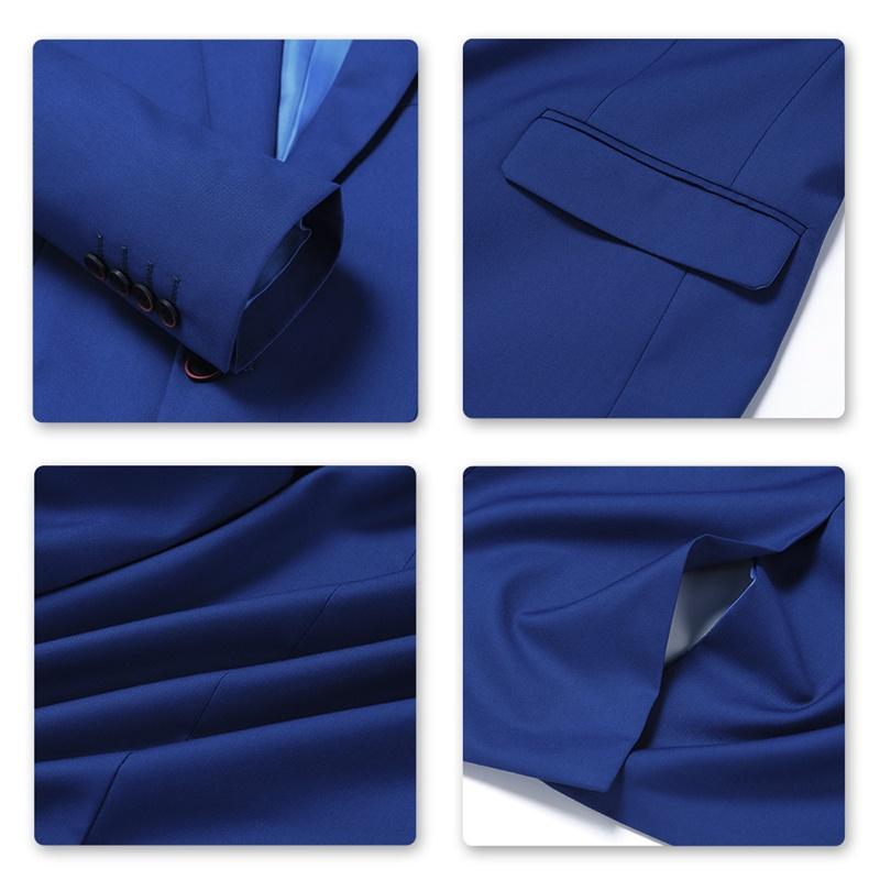 Blue # Men's slim fit 3-piece suit with two-button peaked lapel and button closure, blue formal blazer jacket with matching vest and flat-front trousers with extended waist strap and slanted side pockets, elegant polyester suit for business, wedding, office and daily wear, isolated on white background.
