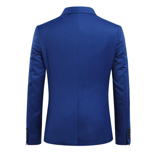 Blue # Men's slim fit 3-piece suit with two-button peaked lapel and button closure, blue formal blazer jacket with matching vest and flat-front trousers with extended waist strap and slanted side pockets, elegant polyester suit for business, wedding, office and daily wear, isolated on white background.