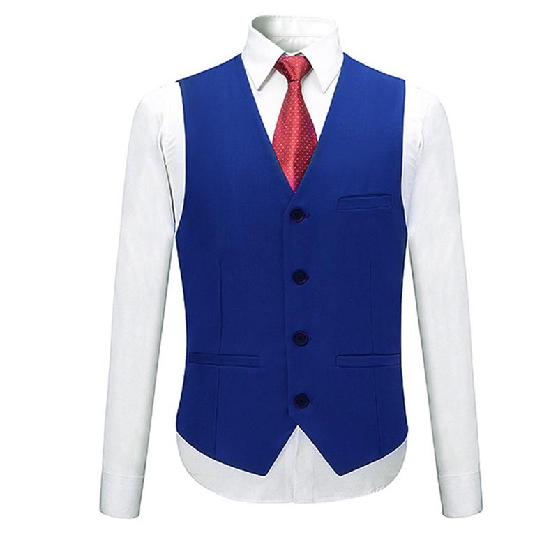 Blue # Men's slim fit 3-piece suit with two-button peaked lapel and button closure, blue formal blazer jacket with matching vest and flat-front trousers with extended waist strap and slanted side pockets, elegant polyester suit for business, wedding, office and daily wear, isolated on white background.
