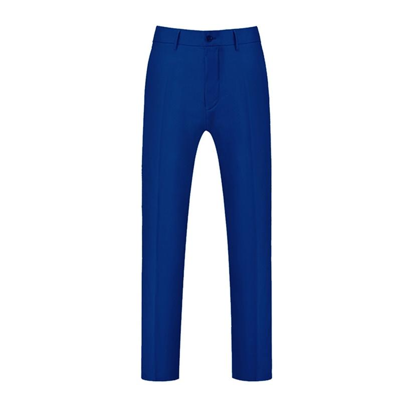 Blue # Men's slim fit 3-piece suit with two-button peaked lapel and button closure, blue formal blazer jacket with matching vest and flat-front trousers with extended waist strap and slanted side pockets, elegant polyester suit for business, wedding, office and daily wear, isolated on white background.