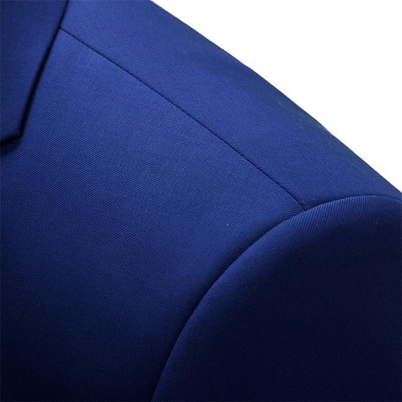 Blue # Men's slim fit 3-piece suit with two-button peaked lapel and button closure, blue formal blazer jacket with matching vest and flat-front trousers with extended waist strap and slanted side pockets, elegant polyester suit for business, wedding, office and daily wear, isolated on white background.