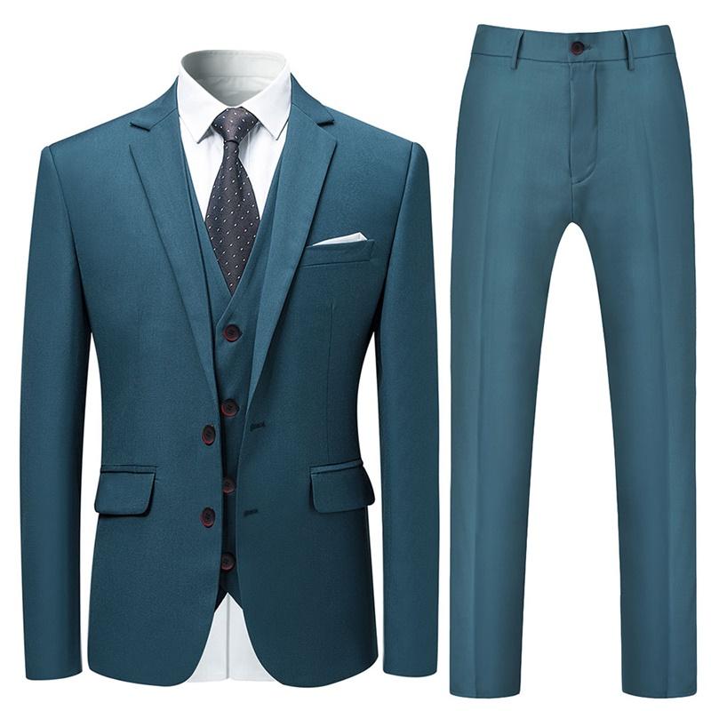 Dark Cyan # Men's slim fit 3-piece suit with two-button peaked lapel and button closure, dark cyan formal blazer jacket with matching vest and flat-front trousers with extended waist strap and slanted side pockets, elegant polyester suit for business, wedding, office and daily wear, isolated on white background.