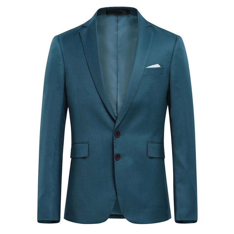 Dark Cyan # Men's slim fit 3-piece suit with two-button peaked lapel and button closure, dark cyan formal blazer jacket with matching vest and flat-front trousers with extended waist strap and slanted side pockets, elegant polyester suit for business, wedding, office and daily wear, isolated on white background.