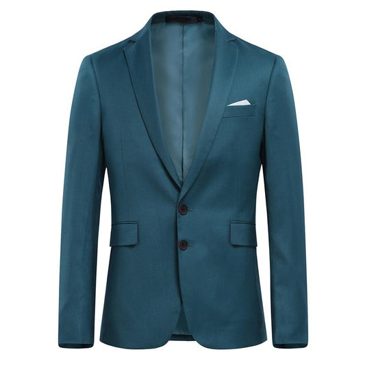 Dark Cyan # Men's slim fit 3-piece suit with two-button peaked lapel and button closure, dark cyan formal blazer jacket with matching vest and flat-front trousers with extended waist strap and slanted side pockets, elegant polyester suit for business, wedding, office and daily wear, isolated on white background.
