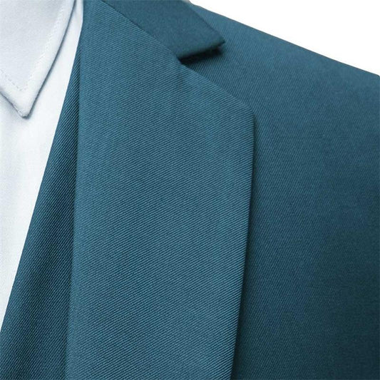 Dark Cyan # Men's slim fit 3-piece suit with two-button peaked lapel and button closure, dark cyan formal blazer jacket with matching vest and flat-front trousers with extended waist strap and slanted side pockets, elegant polyester suit for business, wedding, office and daily wear, isolated on white background.