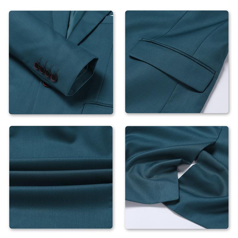 Dark Cyan # Men's slim fit 3-piece suit with two-button peaked lapel and button closure, dark cyan formal blazer jacket with matching vest and flat-front trousers with extended waist strap and slanted side pockets, elegant polyester suit for business, wedding, office and daily wear, isolated on white background.