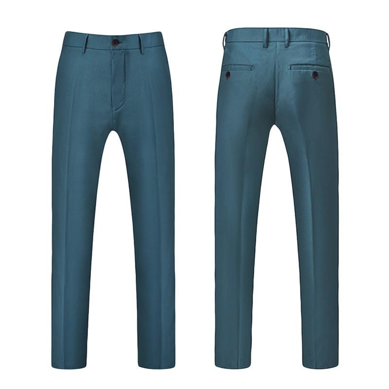 Dark Cyan # Men's slim fit 3-piece suit with two-button peaked lapel and button closure, dark cyan formal blazer jacket with matching vest and flat-front trousers with extended waist strap and slanted side pockets, elegant polyester suit for business, wedding, office and daily wear, isolated on white background.