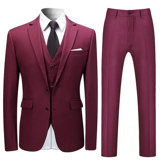 Maroon # Men's slim fit 3-piece suit with two-button peaked lapel and button closure, maroon formal blazer jacket with matching vest and flat-front trousers with extended waist strap and slanted side pockets, elegant polyester suit for business, wedding, office and daily wear, isolated on white background.