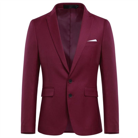 Maroon # Men's slim fit 3-piece suit with two-button peaked lapel and button closure, maroon formal blazer jacket with matching vest and flat-front trousers with extended waist strap and slanted side pockets, elegant polyester suit for business, wedding, office and daily wear, isolated on white background.