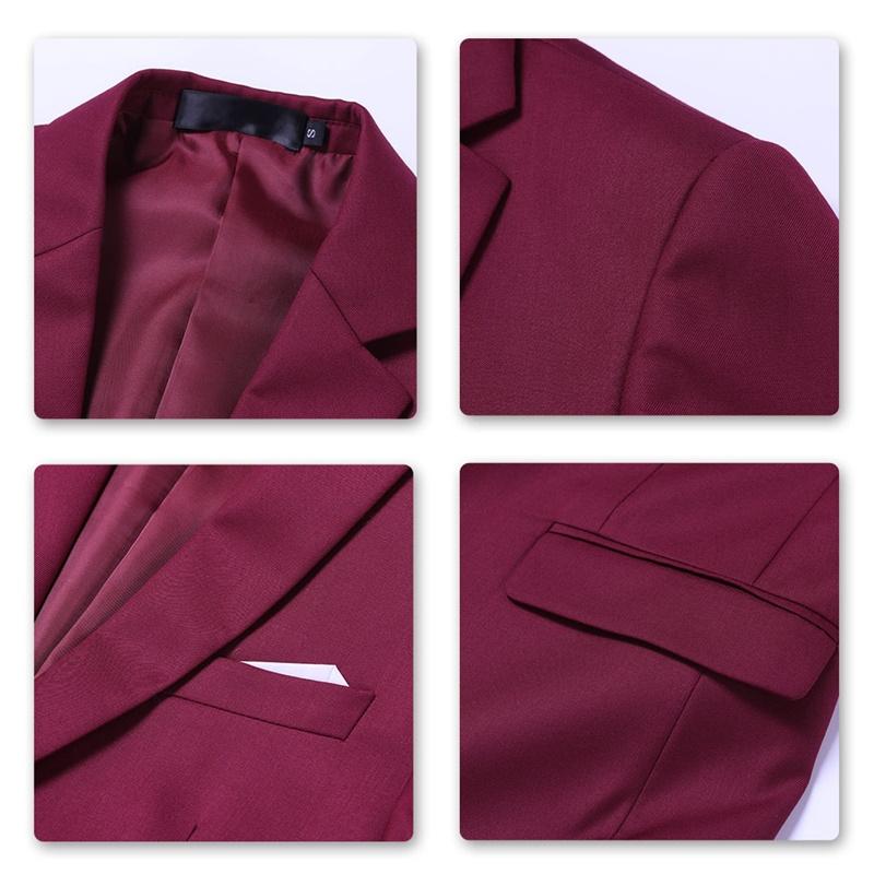 Maroon # Men's slim fit 3-piece suit with two-button peaked lapel and button closure, maroon formal blazer jacket with matching vest and flat-front trousers with extended waist strap and slanted side pockets, elegant polyester suit for business, wedding, office and daily wear, isolated on white background.
