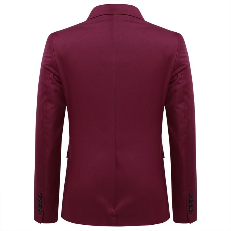 Maroon # Men's slim fit 3-piece suit with two-button peaked lapel and button closure, maroon formal blazer jacket with matching vest and flat-front trousers with extended waist strap and slanted side pockets, elegant polyester suit for business, wedding, office and daily wear, isolated on white background.