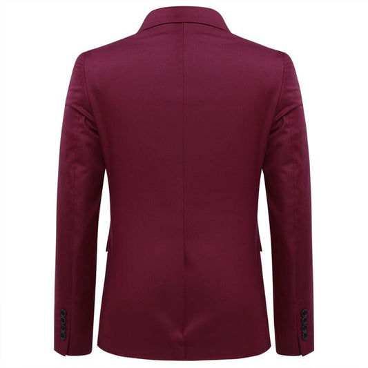 Maroon # Men's slim fit 3-piece suit with two-button peaked lapel and button closure, maroon formal blazer jacket with matching vest and flat-front trousers with extended waist strap and slanted side pockets, elegant polyester suit for business, wedding, office and daily wear, isolated on white background.