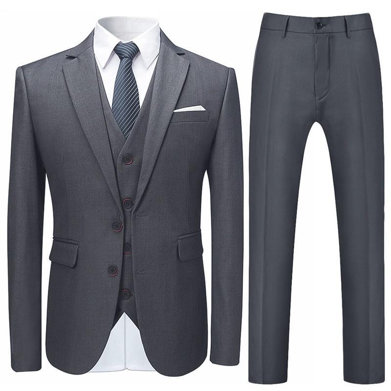 Nardo Grey # Men's slim fit 3-piece suit with two-button peaked lapel and button closure, nardo grey formal blazer jacket with matching vest and flat-front trousers with extended waist strap and slanted side pockets, elegant polyester suit for business, wedding, office and daily wear, isolated on white background.