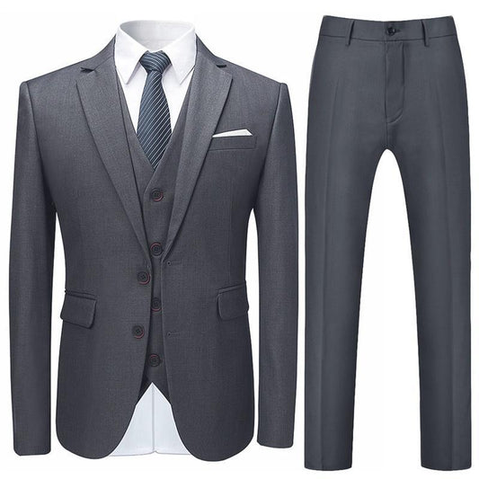 Nardo Grey # Men's slim fit 3-piece suit with two-button peaked lapel and button closure, nardo grey formal blazer jacket with matching vest and flat-front trousers with extended waist strap and slanted side pockets, elegant polyester suit for business, wedding, office and daily wear, isolated on white background.