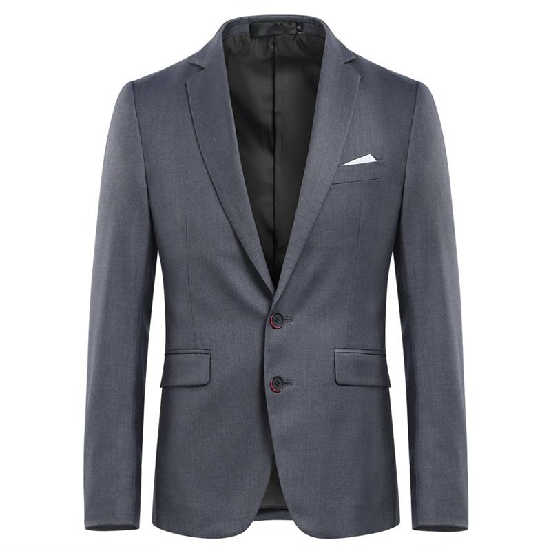 Nardo Grey # Men's slim fit 3-piece suit with two-button peaked lapel and button closure, nardo grey formal blazer jacket with matching vest and flat-front trousers with extended waist strap and slanted side pockets, elegant polyester suit for business, wedding, office and daily wear, isolated on white background.