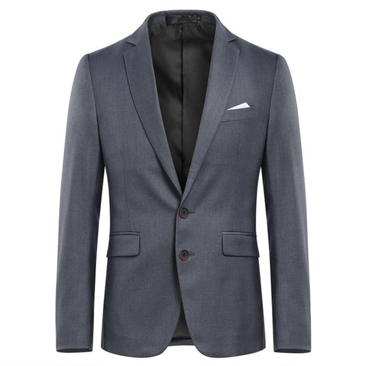 Nardo Grey # Men's slim fit 3-piece suit with two-button peaked lapel and button closure, nardo grey formal blazer jacket with matching vest and flat-front trousers with extended waist strap and slanted side pockets, elegant polyester suit for business, wedding, office and daily wear, isolated on white background.