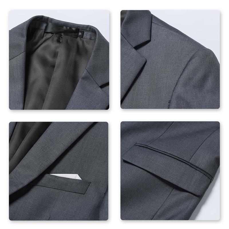 Nardo Grey # Men's slim fit 3-piece suit with two-button peaked lapel and button closure, nardo grey formal blazer jacket with matching vest and flat-front trousers with extended waist strap and slanted side pockets, elegant polyester suit for business, wedding, office and daily wear, isolated on white background.