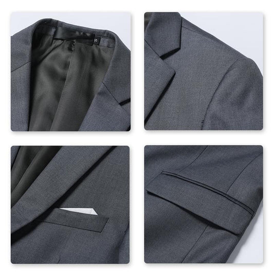 Nardo Grey # Men's slim fit 3-piece suit with two-button peaked lapel and button closure, nardo grey formal blazer jacket with matching vest and flat-front trousers with extended waist strap and slanted side pockets, elegant polyester suit for business, wedding, office and daily wear, isolated on white background.