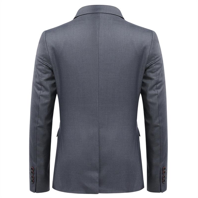 Nardo Grey # Men's slim fit 3-piece suit with two-button peaked lapel and button closure, nardo grey formal blazer jacket with matching vest and flat-front trousers with extended waist strap and slanted side pockets, elegant polyester suit for business, wedding, office and daily wear, isolated on white background.