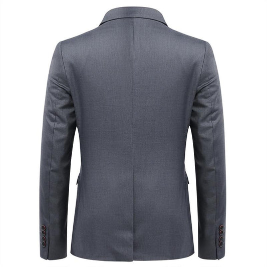 Nardo Grey # Men's slim fit 3-piece suit with two-button peaked lapel and button closure, nardo grey formal blazer jacket with matching vest and flat-front trousers with extended waist strap and slanted side pockets, elegant polyester suit for business, wedding, office and daily wear, isolated on white background.