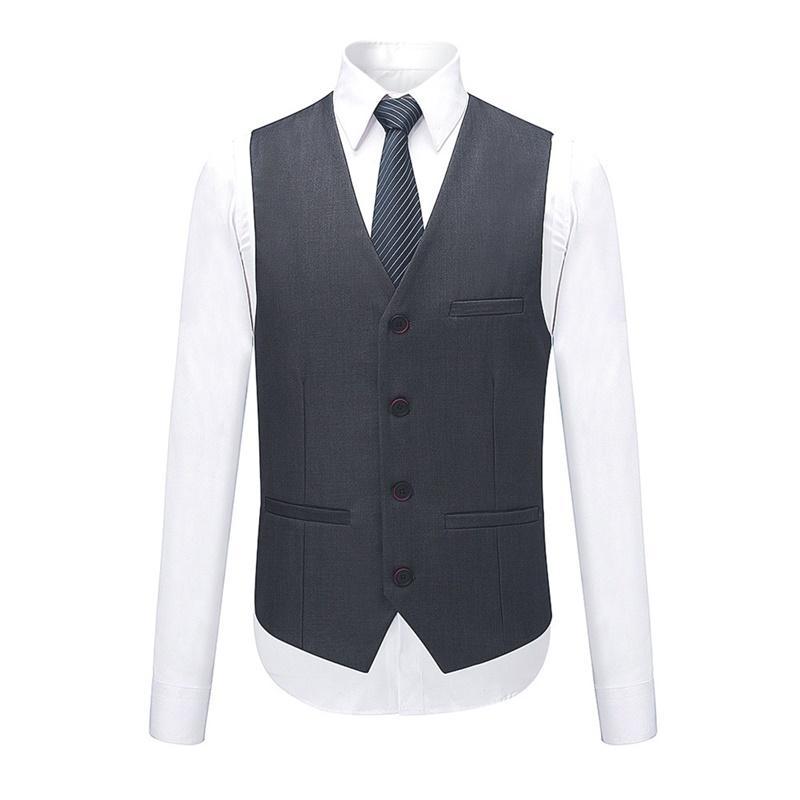 Nardo Grey # Men's slim fit 3-piece suit with two-button peaked lapel and button closure, nardo grey formal blazer jacket with matching vest and flat-front trousers with extended waist strap and slanted side pockets, elegant polyester suit for business, wedding, office and daily wear, isolated on white background.