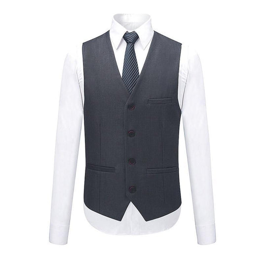 Nardo Grey # Men's slim fit 3-piece suit with two-button peaked lapel and button closure, nardo grey formal blazer jacket with matching vest and flat-front trousers with extended waist strap and slanted side pockets, elegant polyester suit for business, wedding, office and daily wear, isolated on white background.
