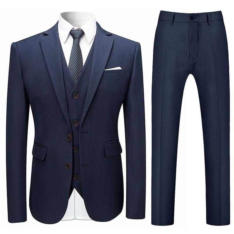 Navy # Men's slim fit 3-piece suit with two-button peaked lapel and button closure, navy formal blazer jacket with matching vest and flat-front trousers with extended waist strap and slanted side pockets, elegant polyester suit for business, wedding, office and daily wear, isolated on white background.