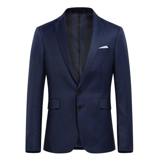 Navy # Men's slim fit 3-piece suit with two-button peaked lapel and button closure, navy formal blazer jacket with matching vest and flat-front trousers with extended waist strap and slanted side pockets, elegant polyester suit for business, wedding, office and daily wear, isolated on white background.