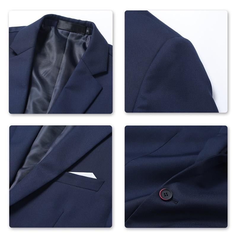 Navy # Men's slim fit 3-piece suit with two-button peaked lapel and button closure, navy formal blazer jacket with matching vest and flat-front trousers with extended waist strap and slanted side pockets, elegant polyester suit for business, wedding, office and daily wear, isolated on white background.