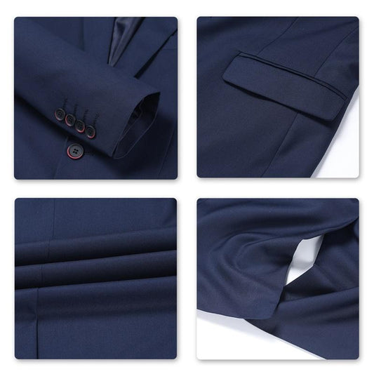 Navy # Men's slim fit 3-piece suit with two-button peaked lapel and button closure, navy formal blazer jacket with matching vest and flat-front trousers with extended waist strap and slanted side pockets, elegant polyester suit for business, wedding, office and daily wear, isolated on white background.