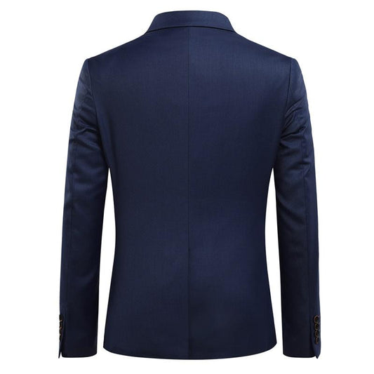 Navy # Men's slim fit 3-piece suit with two-button peaked lapel and button closure, navy formal blazer jacket with matching vest and flat-front trousers with extended waist strap and slanted side pockets, elegant polyester suit for business, wedding, office and daily wear, isolated on white background.