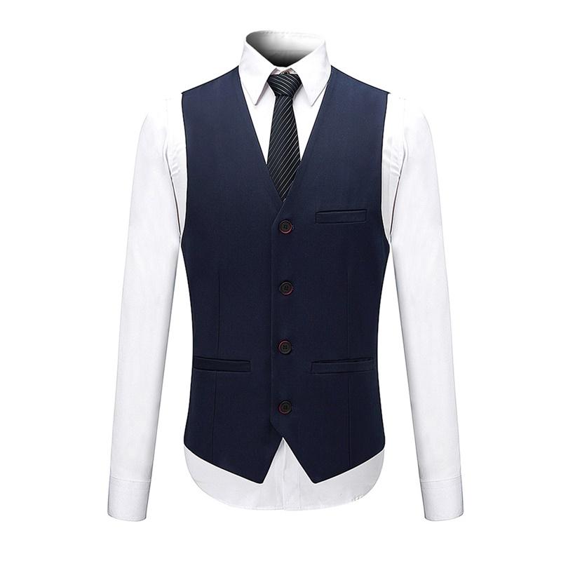 Navy # Men's slim fit 3-piece suit with two-button peaked lapel and button closure, navy formal blazer jacket with matching vest and flat-front trousers with extended waist strap and slanted side pockets, elegant polyester suit for business, wedding, office and daily wear, isolated on white background.