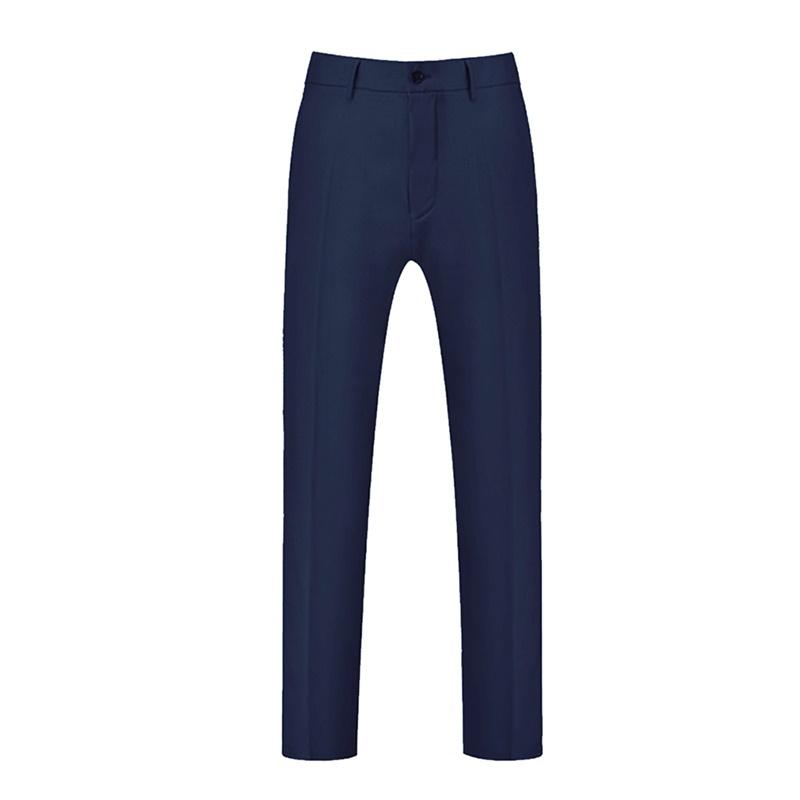 Navy # Men's slim fit 3-piece suit with two-button peaked lapel and button closure, navy formal blazer jacket with matching vest and flat-front trousers with extended waist strap and slanted side pockets, elegant polyester suit for business, wedding, office and daily wear, isolated on white background.