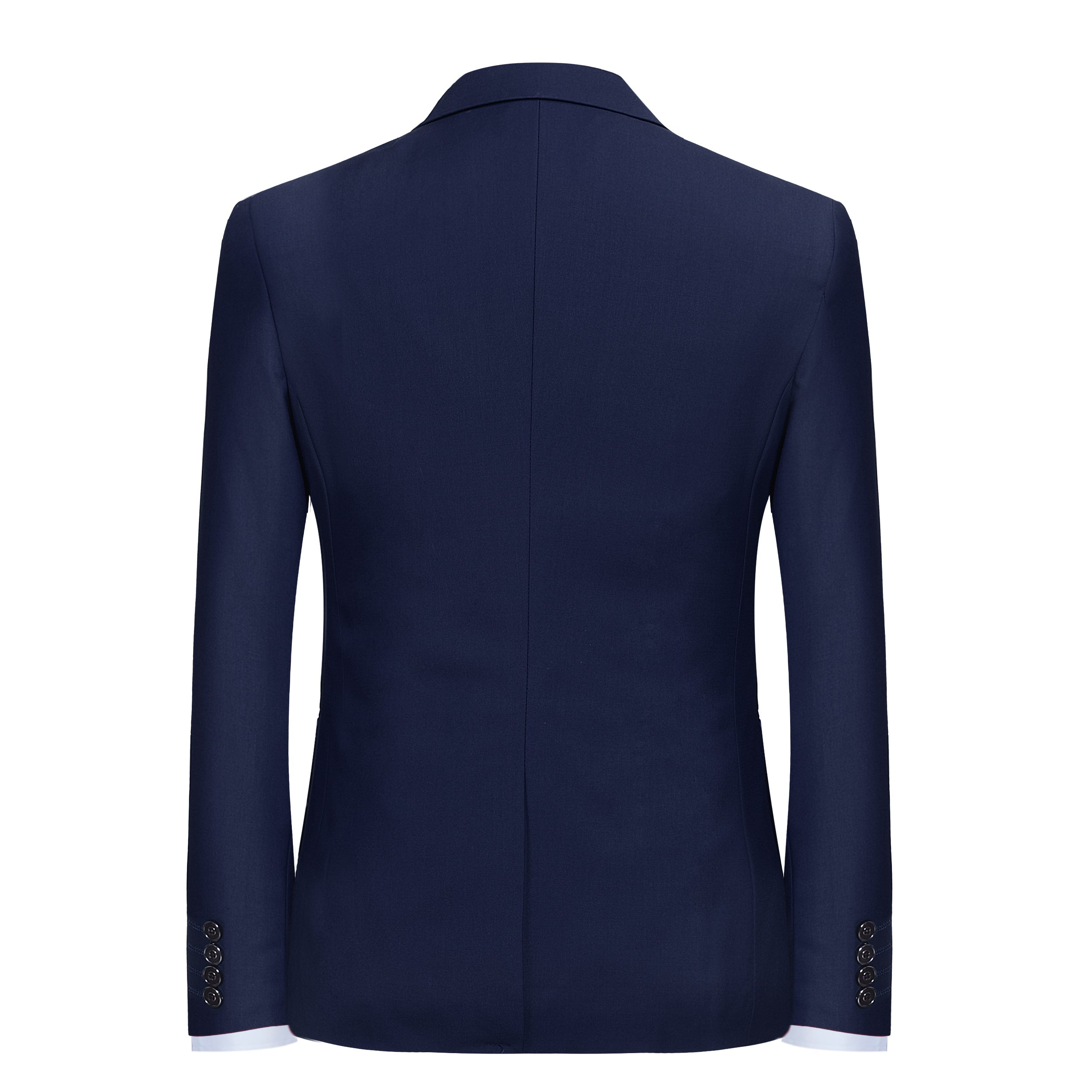 Navy # Men's slim fit 2-piece simple designed suit with peaked lapel and button closure, navy formal blazer jacket with four-button cuffs and matching flat-front trousers with extended waist strap and slanted side pockets, elegant polyester viscose blend suit for business, wedding, office and daily wear, isolated on white background.