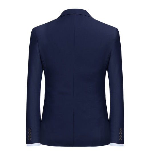Navy # Men's slim fit 2-piece simple designed suit with peaked lapel and button closure, navy formal blazer jacket with four-button cuffs and matching flat-front trousers with extended waist strap and slanted side pockets, elegant polyester viscose blend suit for business, wedding, office and daily wear, isolated on white background.